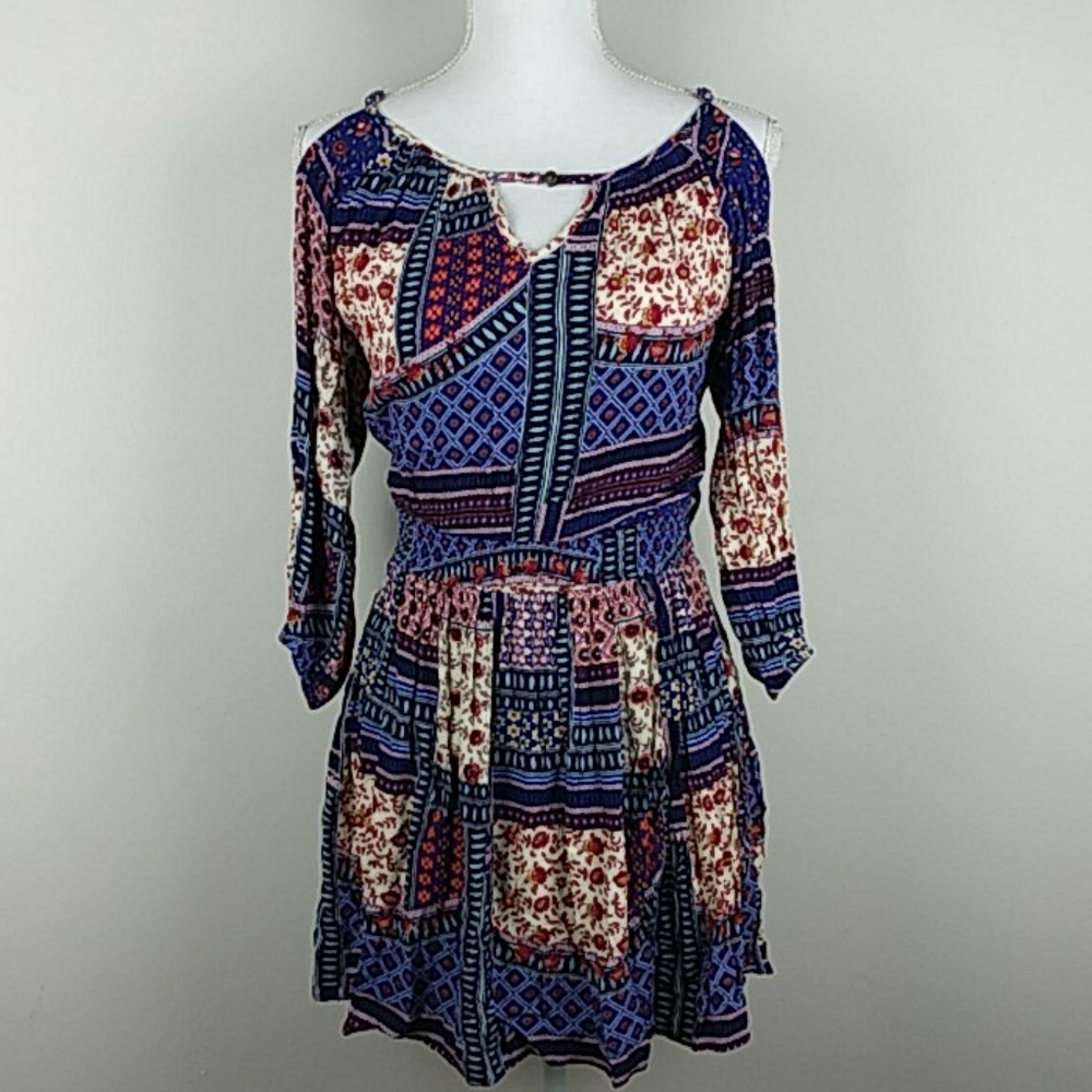 Aeo Patchwork Style Boho Cold Shoulder Dress Sz Xs - image 1